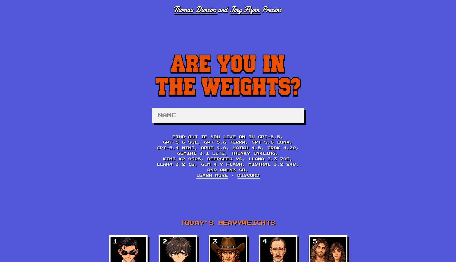 The landing page of intheweights.com: the headline 'Are you in the weights?', a name field, and the list of AI models it checks, above a row of today's top-ranked names.