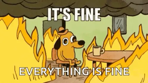 Animated “This is fine” meme: a cartoon dog sits calmly in a burning room under the caption “It's fine, everything is fine.”