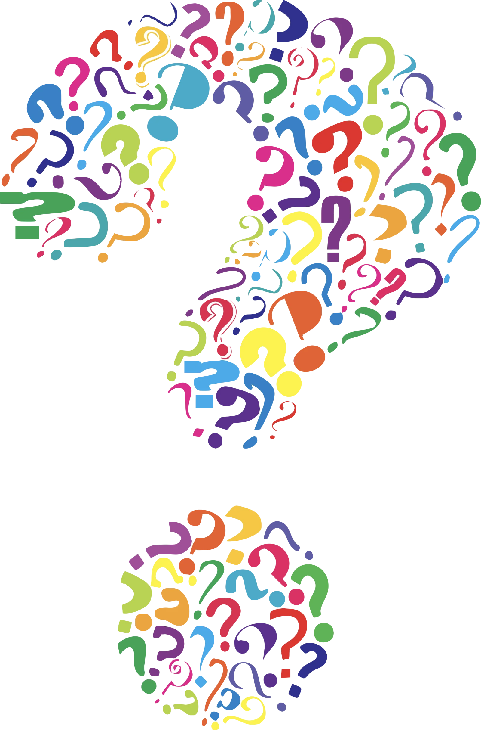 A large question mark built from many small multicolored question marks.